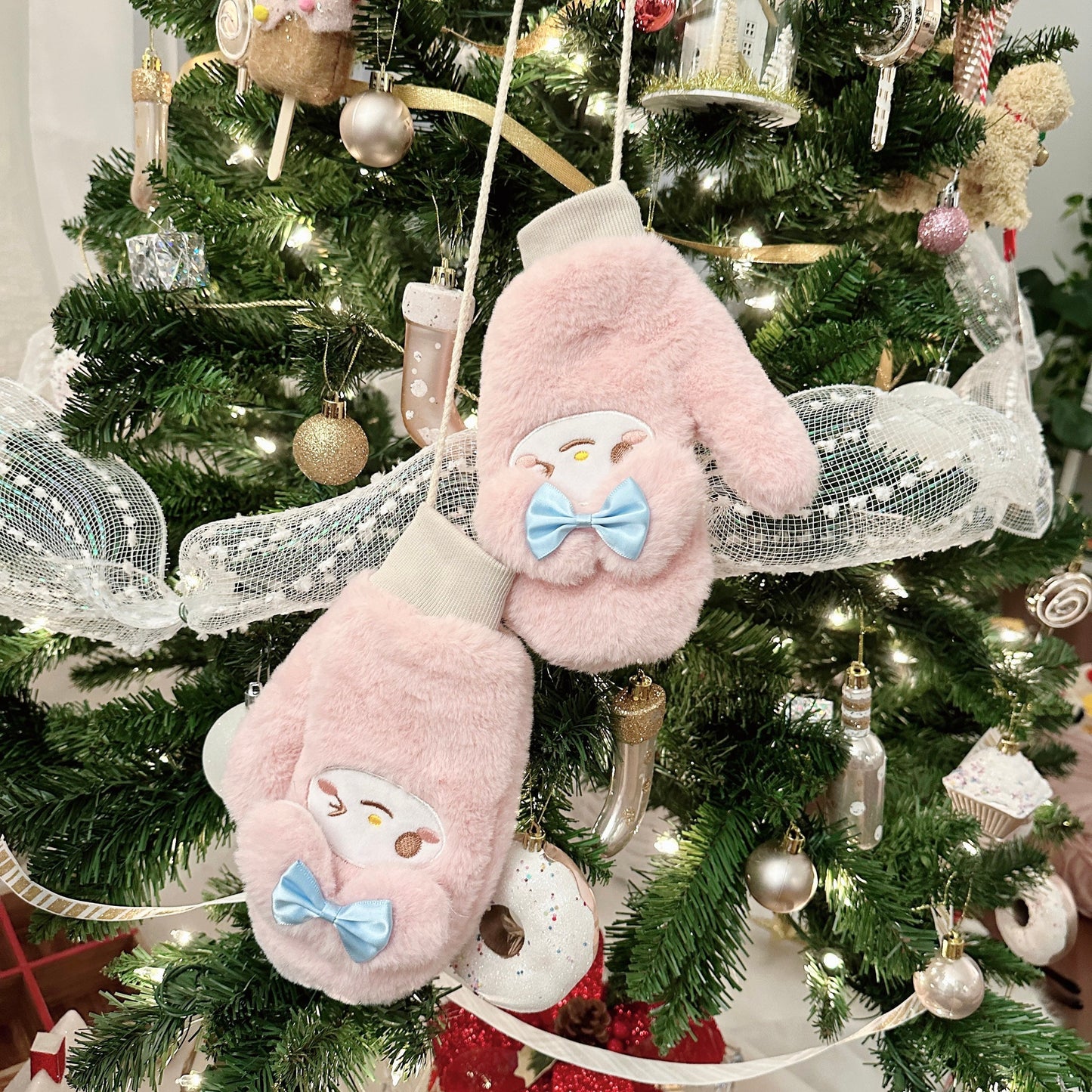 Kawaii Mittens, Sanrio Furry Mittens, My Melody Winter Gloves, My Melody Winter Mitten with Lanyard, Winter Gifts