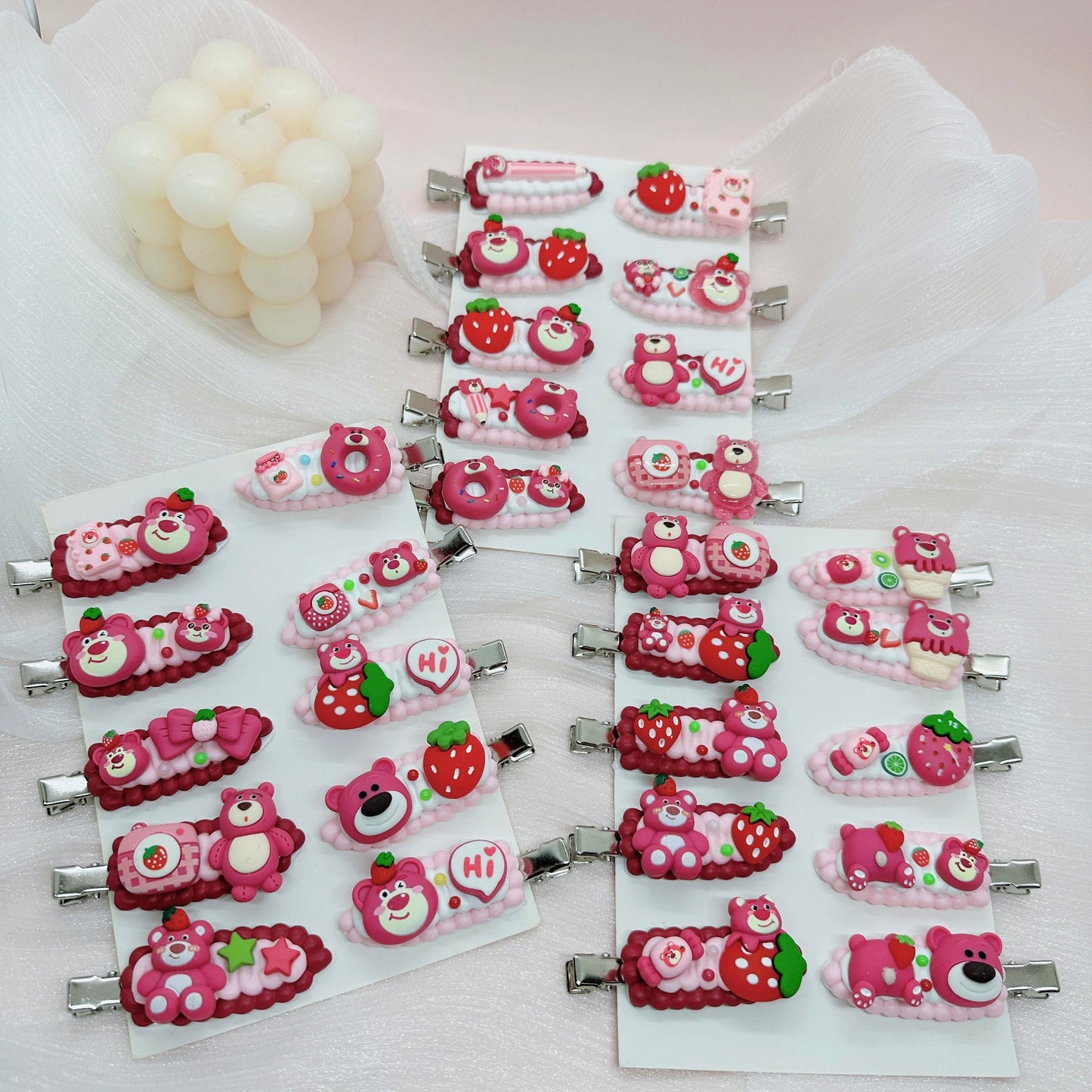 Kawaii Lotso Bear hair clips, Handmade Strawberry Bear Barrette, Random 1, cute decoden hair accessories, each one is unique