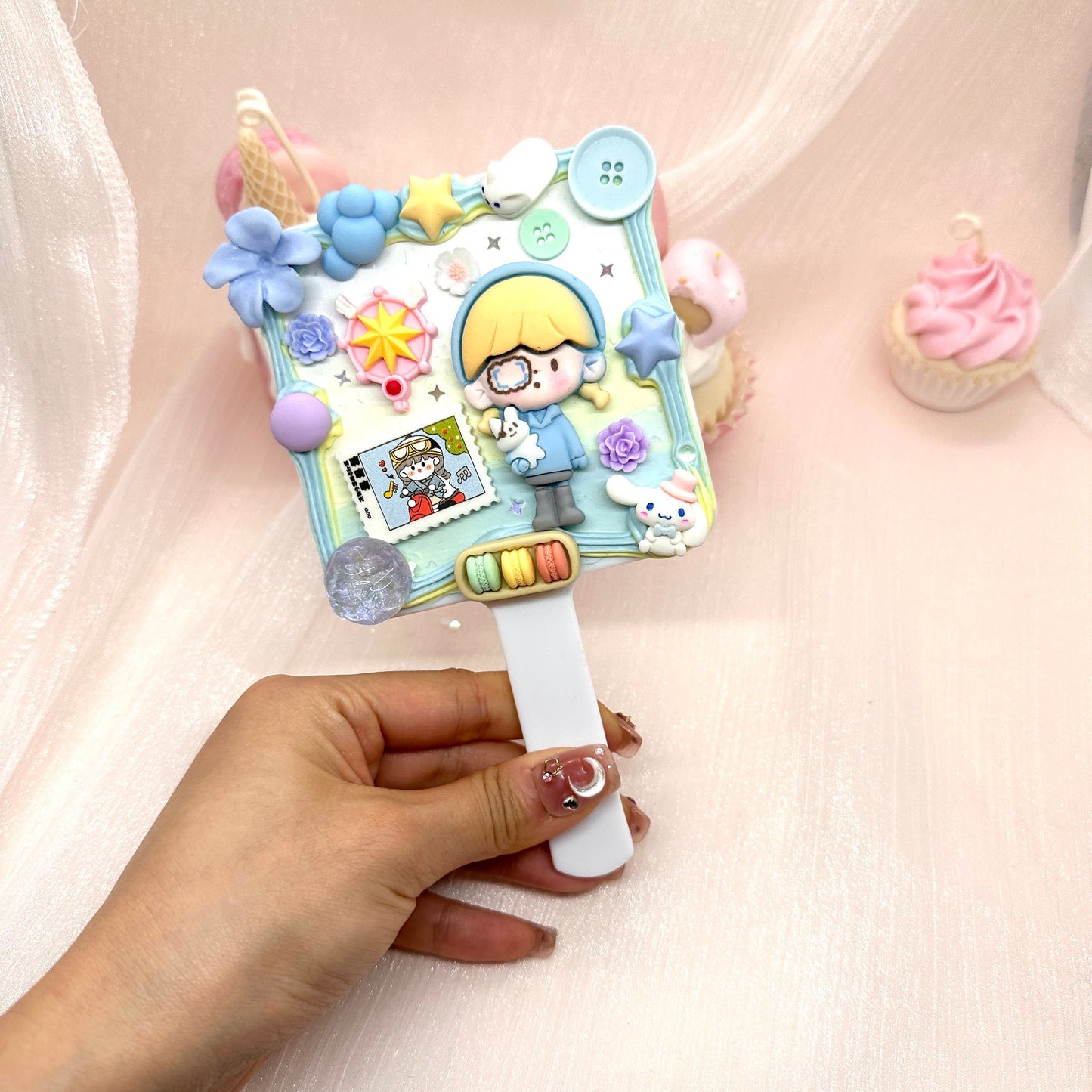 Kawaii Handhold Mirror, Handmade Decoden Mirror, Cream Clay Mirror, Make up Accessories
