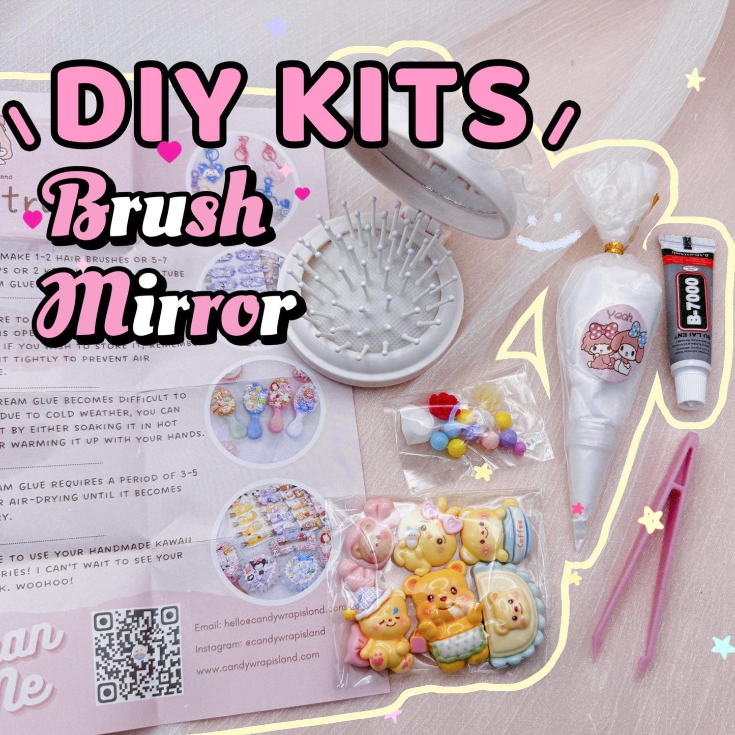 Decoden Pop Out Brush with Mirror DIY Kit, Handmade Brush, Kawaii Compact Mirror, Girl Hairbrush, DIY craft kit