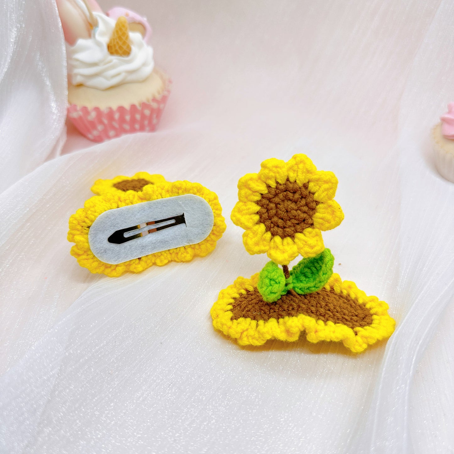 Crochet Sunflower Hair Clips, Handmade Barrettes, Kawaii Plant Hair Accessories, Funny Barrettes, Unique Fun Hair Clips