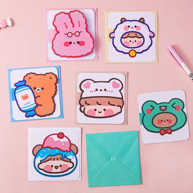 Cartoon Greeting Cards with Envelope, Cute Retro Groovy Kawaii Stationery