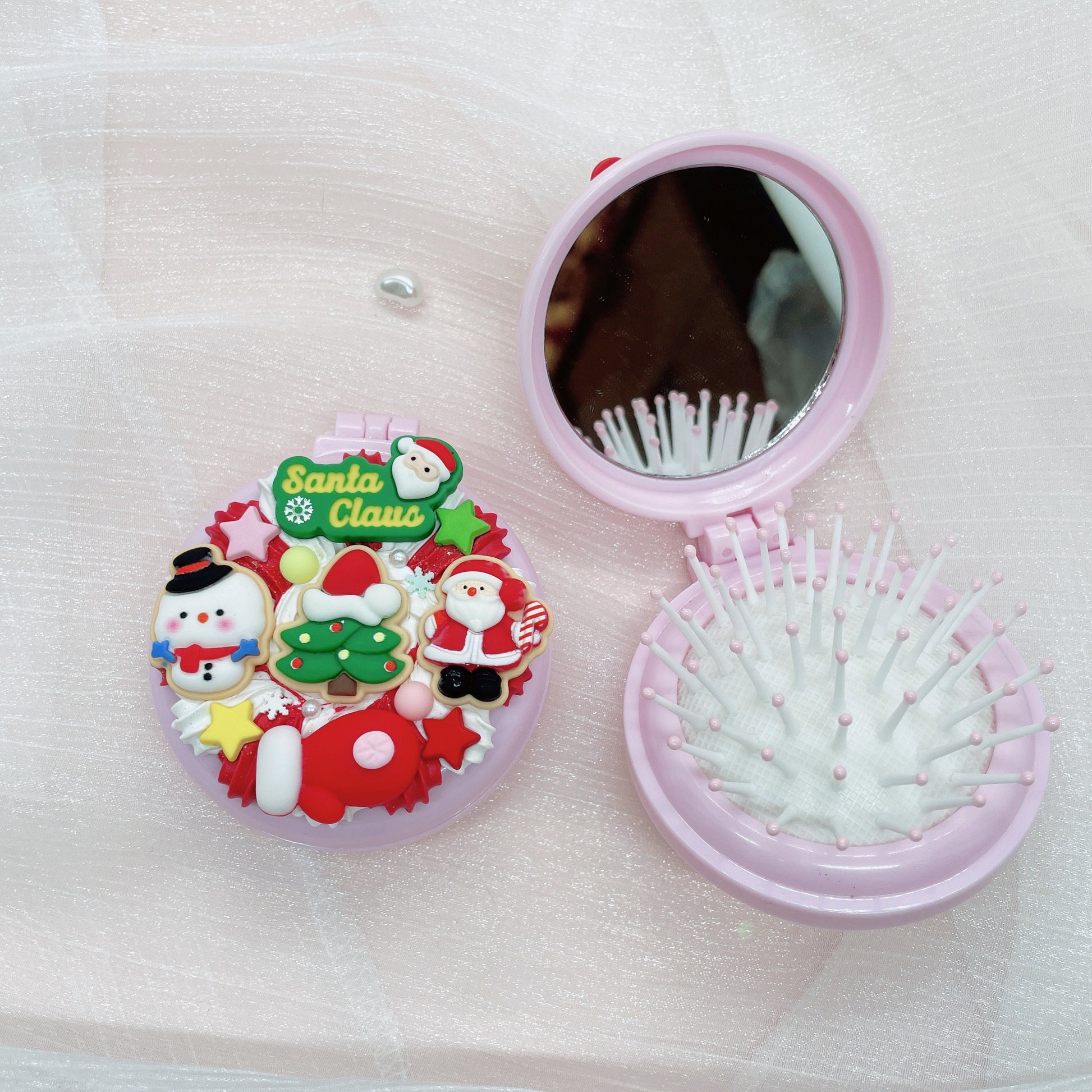 Christmas hair brush with mirror, Kawaii compact hairbrush, Pocket Mirror, Handmade Decoden Hair Brushes, Random 1, each one is unique