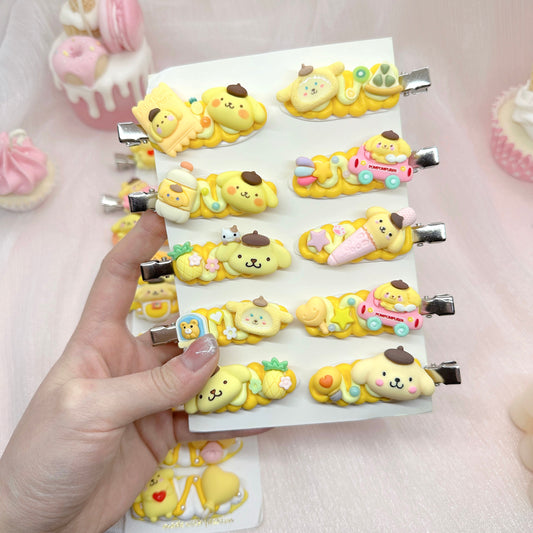 Kawaii Pompompurin hair clips, Handmade Yellow dog Barrette, Random 1, cute decoden hair accessories, each one is unique